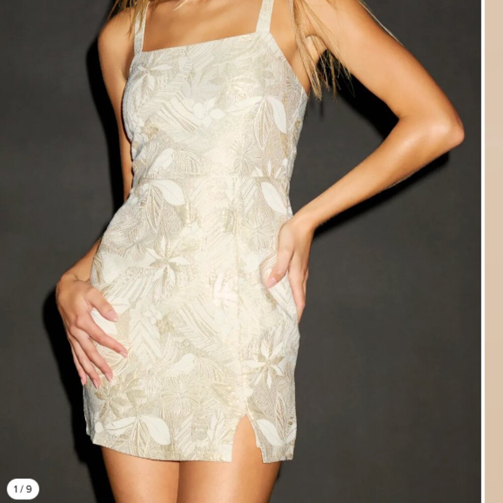 NEW Lulu's Shine for Us Cream Metallic Tropical Jacquard Mini Dress